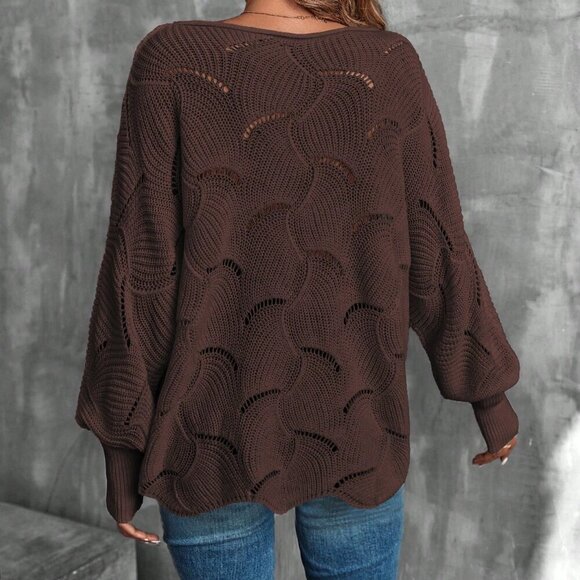 Brown Casual Womens Lantern Sleeve Pointelle Knit Pullover Sweater - Picture 2 of 7